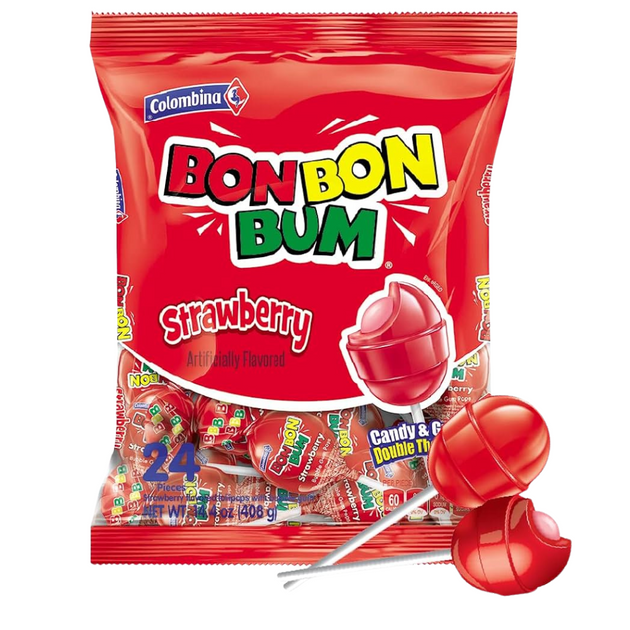 Bon Bon Bum Strawberry Lollipops 24 Units Bag | Bon Bon Bum de