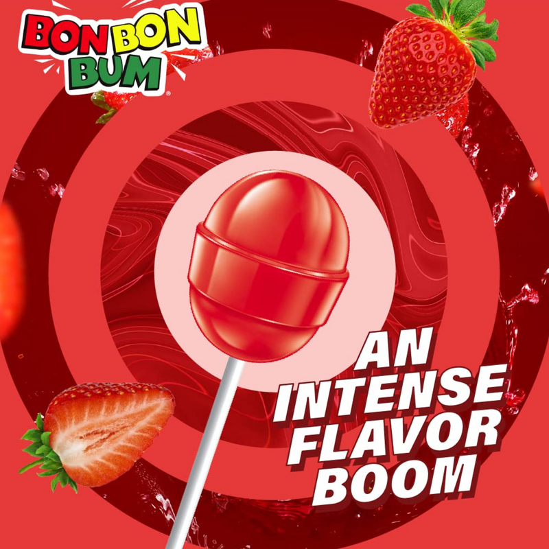 Bon Bon Bum Strawberry Lollipops  24 Units Bag | Bon Bon Bum de Fresa | By Colombina
