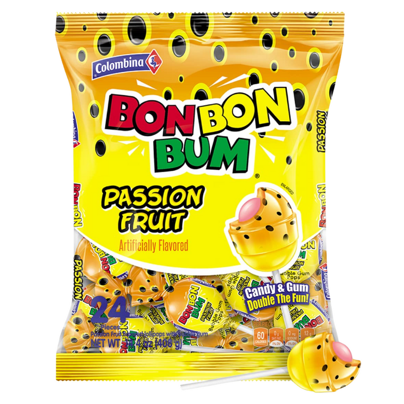 Bon Bon Bum Passion Fruit Lollipops 24 Units Bags | Bon Bon Bum de Maracuya (Parchita) | By Colombina