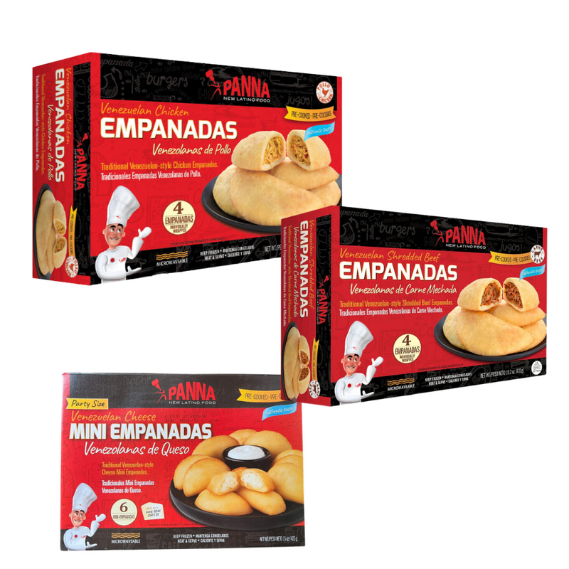 1 Box Venezuelan Chicken Empanadas, 1 Box Shredded Beef empanadas x4 Full Size, + 1 Box Mini Cheese Empanaditas x6   (431gr) | Empanadas De Pollo, De Carne Mechada, Mini Empanadas De queso Venezolanas Precocidas  | Panna