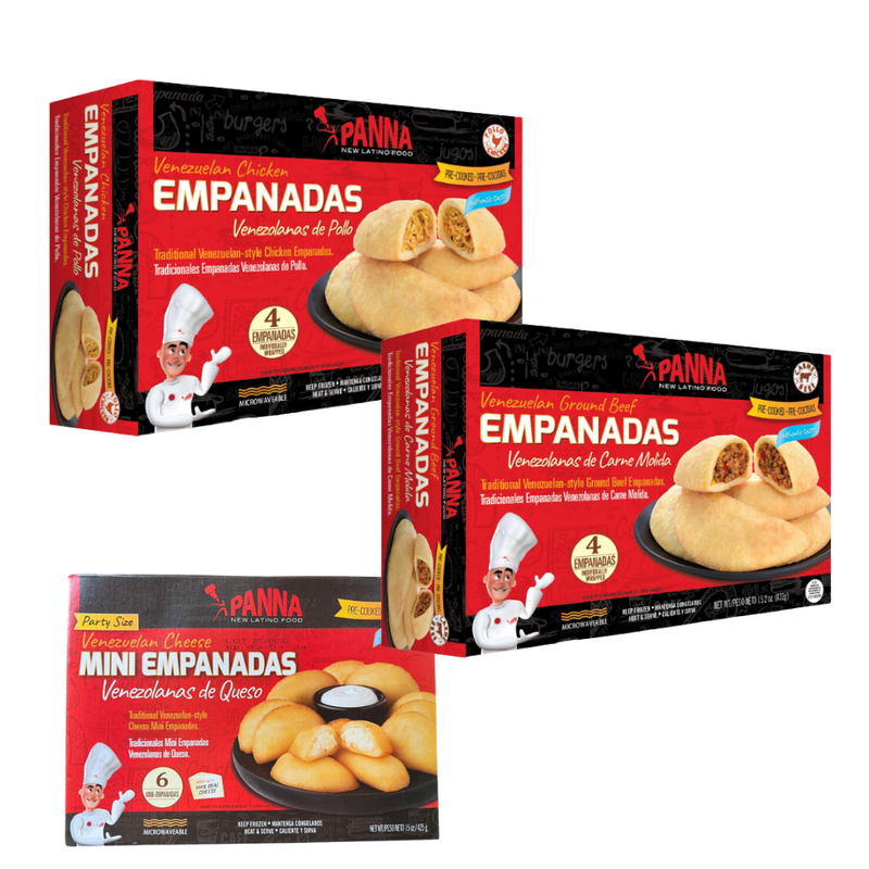 1 Box Venezuelan Chicken Empanadas, 1 Box Ground Beef empanadas x4 Full Size, + Mini Cheese Empanaditas x6   (431gr) | Empanadas De Pollo, De Carne Molida, Mini Empanadas De queso Venezolanas Precocidas  | Panna