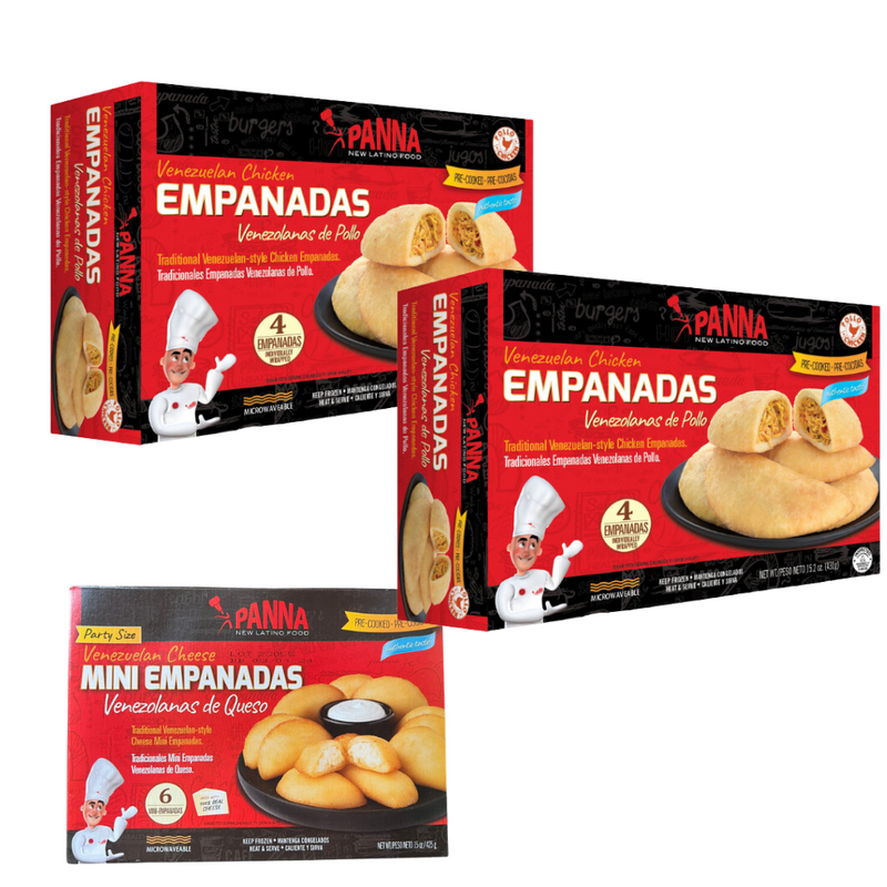 2 boxes Venezuelan Chicken Empanadas x4 Full Size, + 1 Mini Cheese Empanaditas x6   (431gr) | 2 Cajas Empanadas De Pollo, + 1 Mini Empanadas De queso Venezolanas Precocidas  | Panna